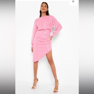 Boohoo SEQUIN RUCHED SIDE MIDI PARTY DRESS pink
